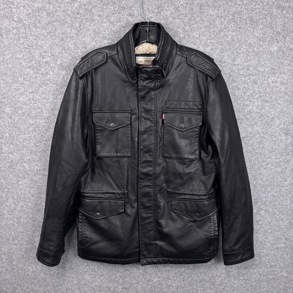 Levi Strauss & Co Men M Black Faux Leather Sherpa Lined Field Jacket Military